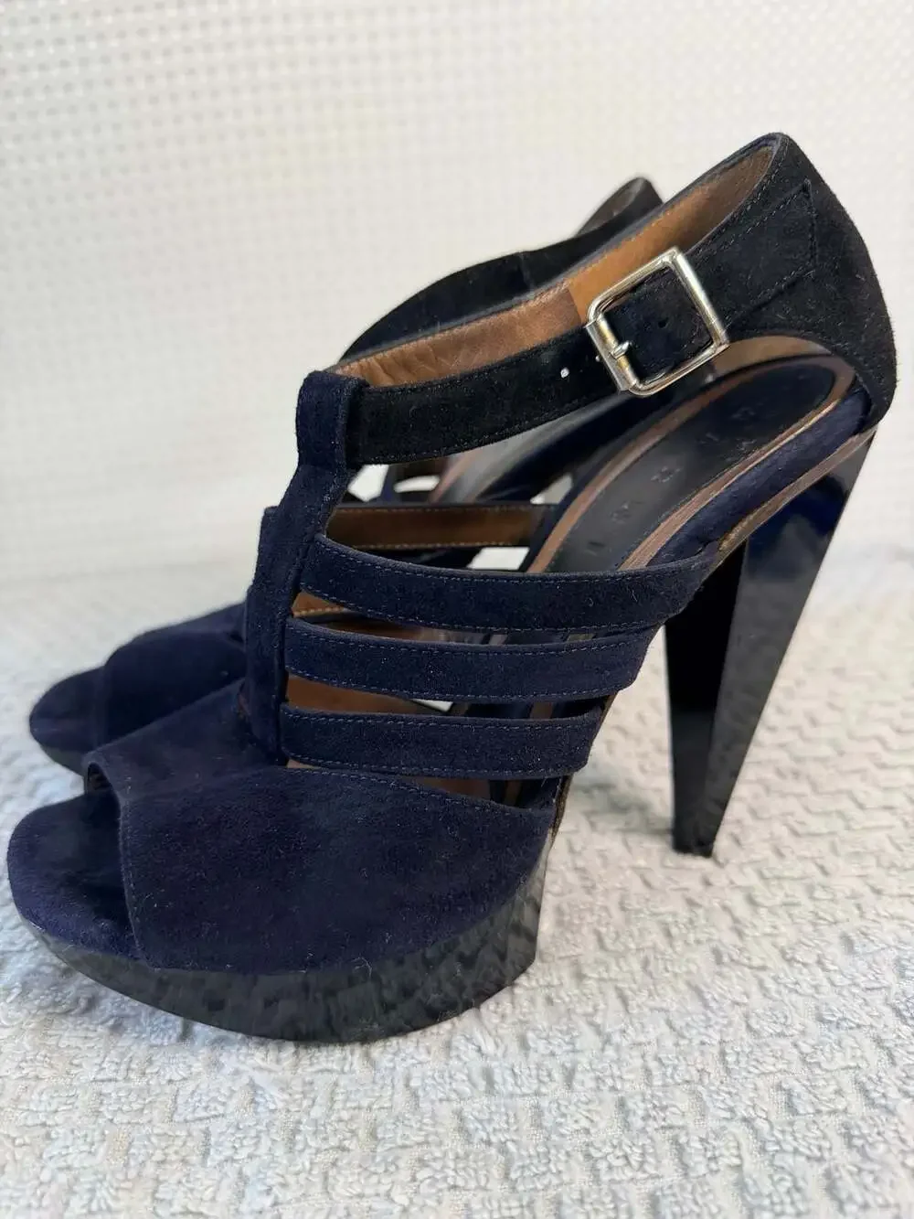 Marni Navy Black Suede T-Strap Peep-Toe Platform Sandals